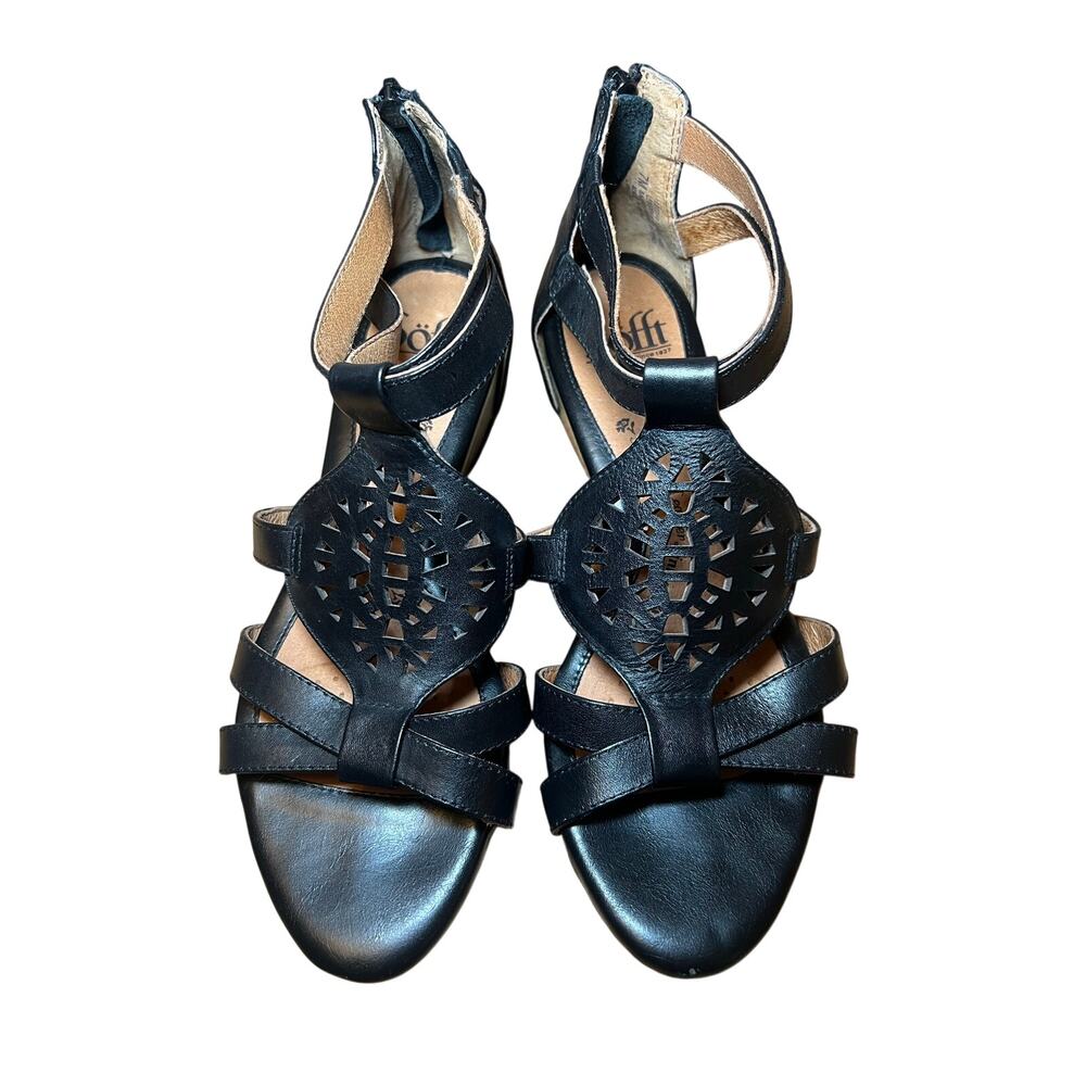 Sofft Black Leather Cutout Wedge Sandals Size 7 Comfort Ankle Strap